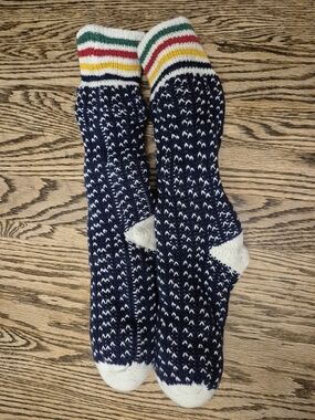 HBC Stripes Navy Patterned Sherpa Lined Slipper Socks with Multicolor Cuff